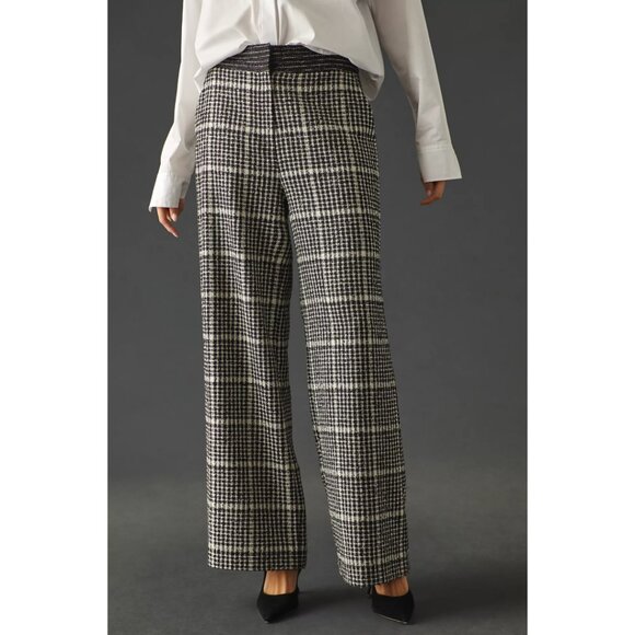 ANTHROPOLOGIE Exquise Wide Leg High Rise Plaid Trousers Pants Black White Small - Picture 1 of 14